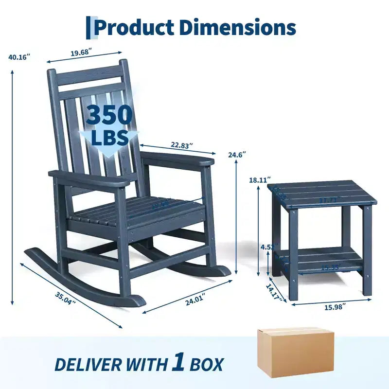 HDPE Rocking Chair Outdoor Set of 2 with Side Table - Poly High Back Porch Rocker Chairs for Adults - All Weather Resistant Furniture for Patio