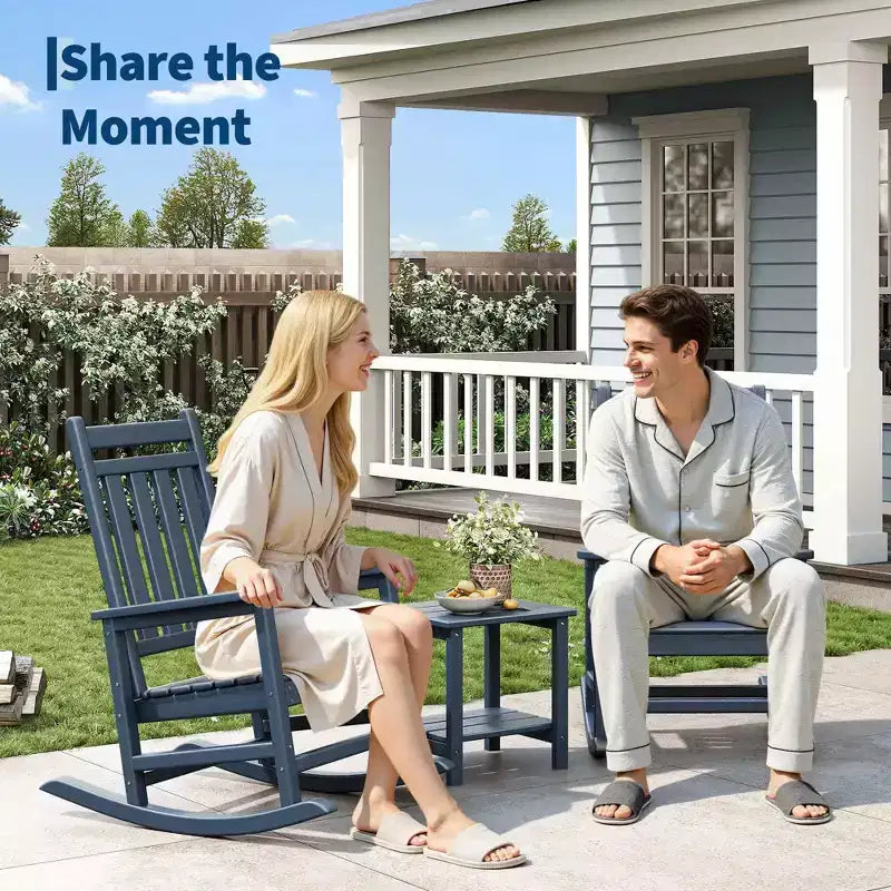 HDPE Rocking Chair Outdoor Set of 2 with Side Table - Poly High Back Porch Rocker Chairs for Adults - All Weather Resistant Furniture for Patio