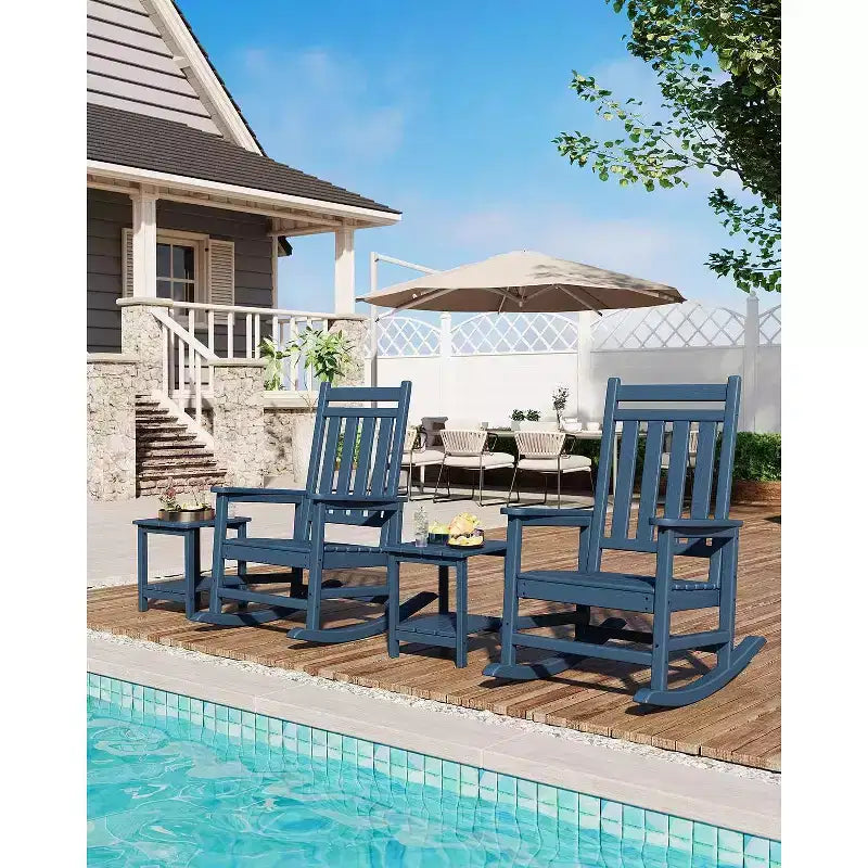 HDPE Rocking Chair Outdoor Set of 2 with Side Table - Poly High Back Porch Rocker Chairs for Adults - All Weather Resistant Furniture for Patio