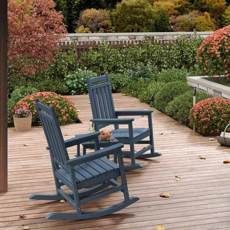 HDPE Rocking Chair Outdoor Set of 2 with Side Table - Poly High Back Porch Rocker Chairs for Adults - All Weather Resistant Furniture for Patio