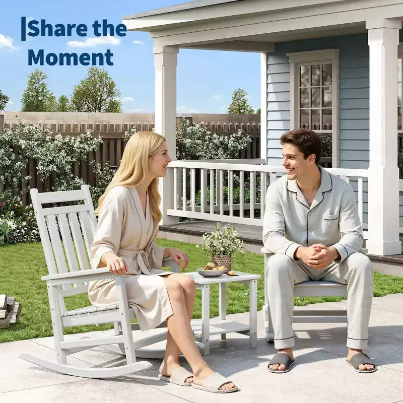 HDPE Rocking Chair Outdoor Set of 2 with Side Table - Poly High Back Porch Rocker Chairs for Adults - All Weather Resistant Furniture for Patio