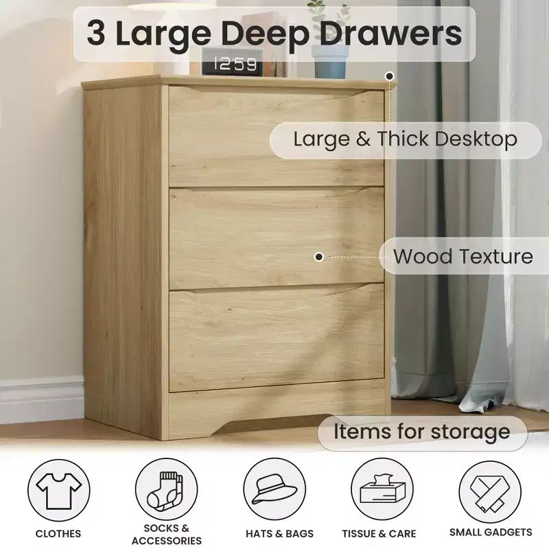 Cassettiera Moderna con 3 Ampi Cassetti - 60x36x75 cm, Maniglie Nascoste per Camera da Letto e Soggiorno