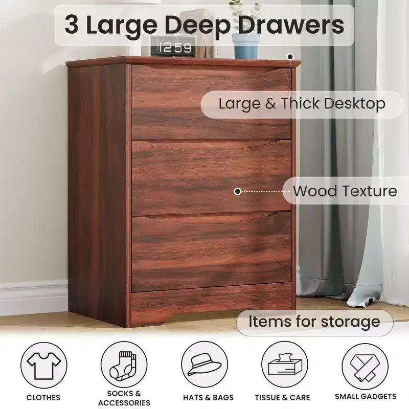 Cassettiera Moderna con 3 Ampi Cassetti - 60x36x75 cm, Maniglie Nascoste per Camera da Letto e Soggiorno