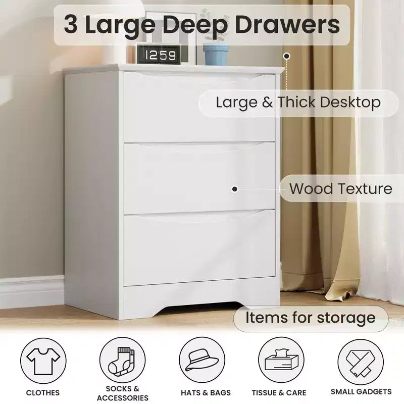 Cassettiera Moderna con 3 Ampi Cassetti - 60x36x75 cm, Maniglie Nascoste per Camera da Letto e Soggiorno