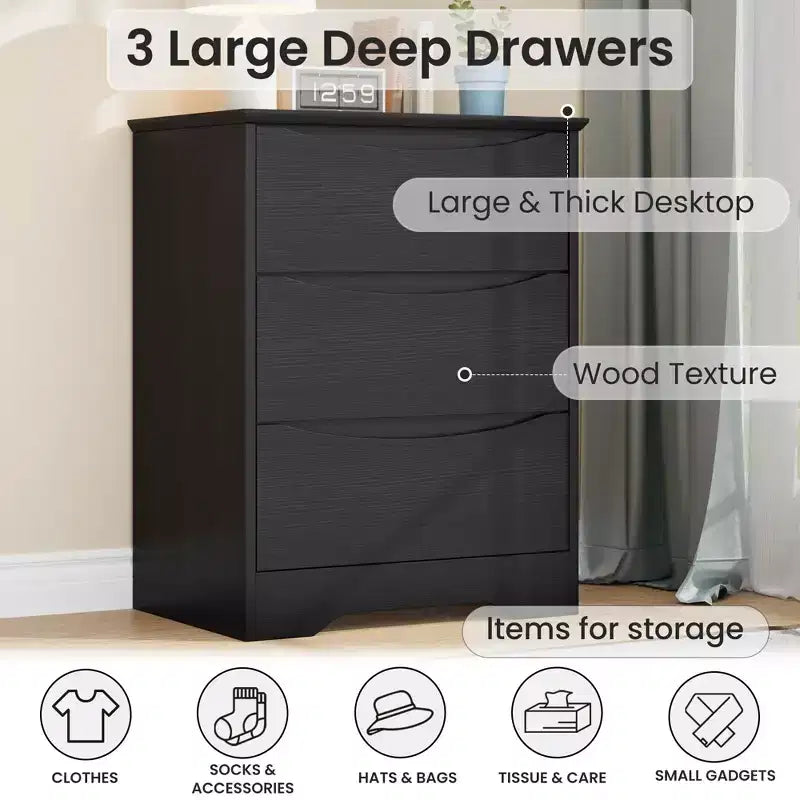 Cassettiera Moderna con 3 Ampi Cassetti - 60x36x75 cm, Maniglie Nascoste per Camera da Letto e Soggiorno