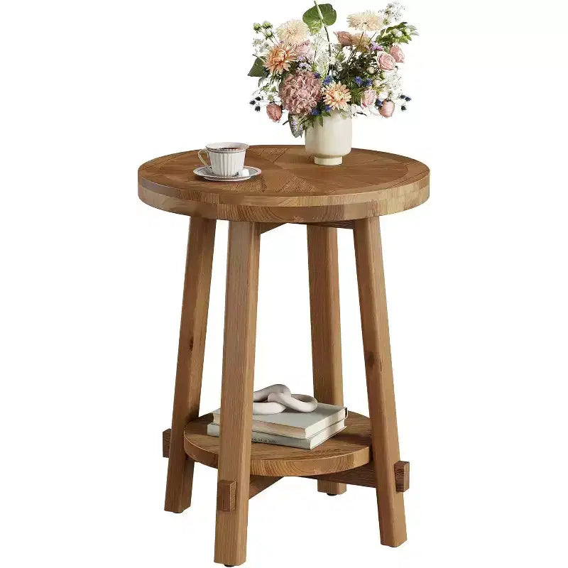 Tavolino rotondo in legno massello per soggiorno, tavolino da caffè in stile rustico con 2 ripiani, ideale per piccoli spazi, camera da letto, marrone