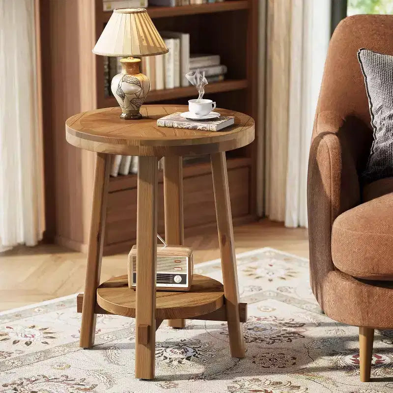 Tavolino rotondo in legno massello per soggiorno, tavolino da caffè in stile rustico con 2 ripiani, ideale per piccoli spazi, camera da letto, marrone