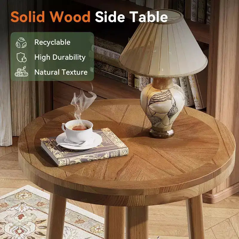 Tavolino rotondo in legno massello per soggiorno, tavolino da caffè in stile rustico con 2 ripiani, ideale per piccoli spazi, camera da letto, marrone