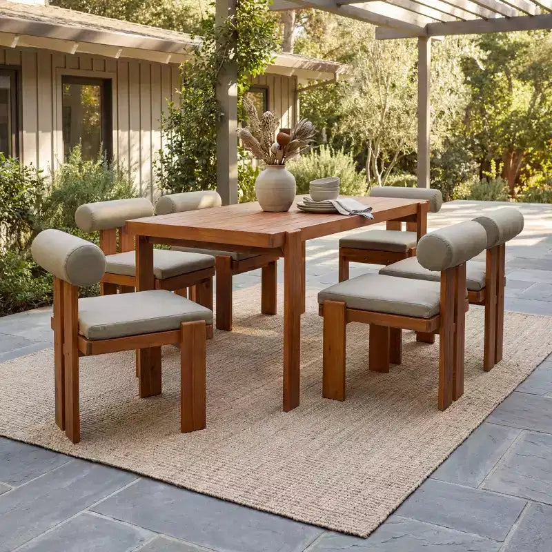 Christopher Knight Home Lucia Modern 7 Piece Patio Acacia Upholstered Dining Set with Round Back and Slatted Table