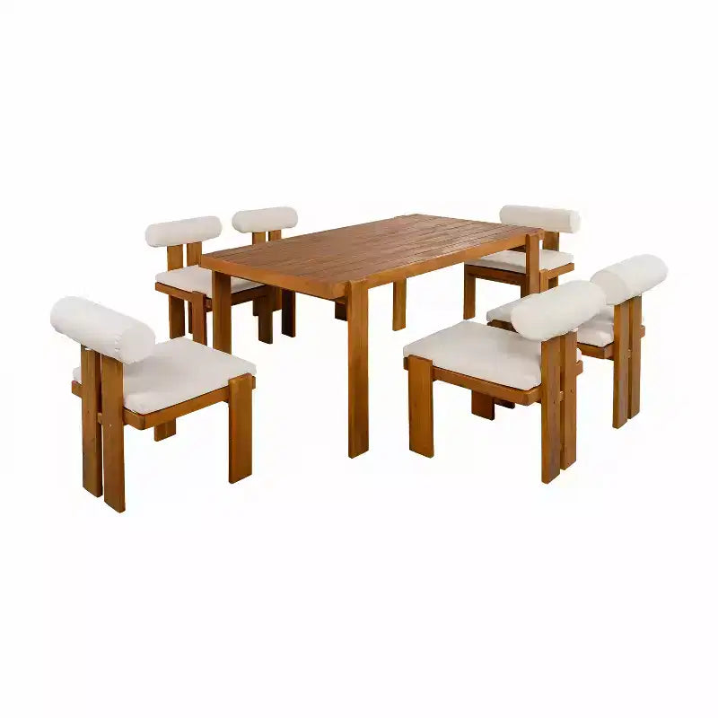 Christopher Knight Home Lucia Modern 7 Piece Patio Acacia Upholstered Dining Set with Round Back and Slatted Table