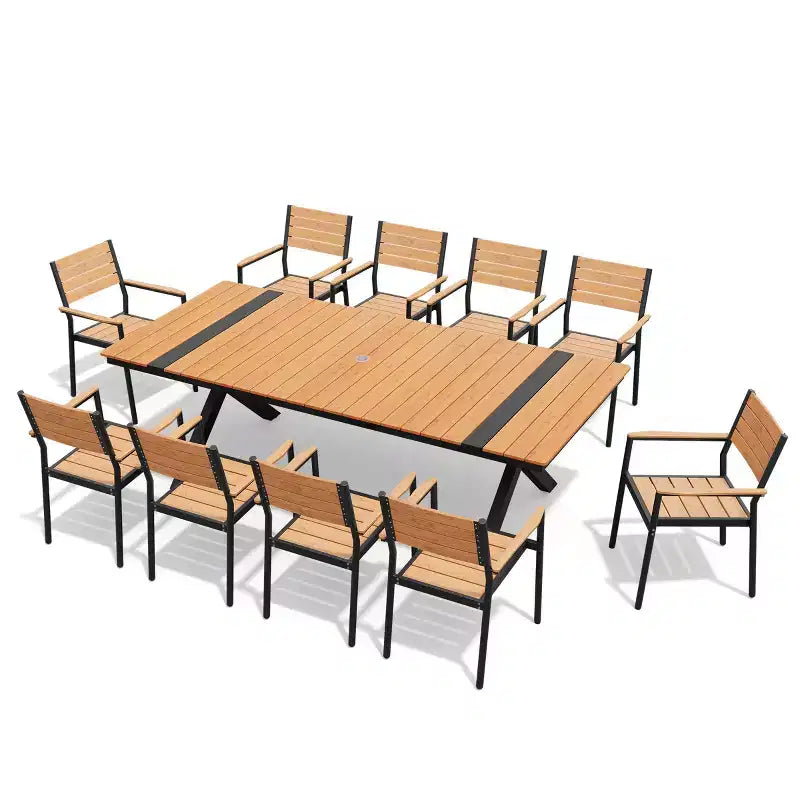 Crestlive Products Outdoor 11pcs Patio Dining Set Stackable Armchairs Wood Like Table With Umbrella Hole For Large Gatherings