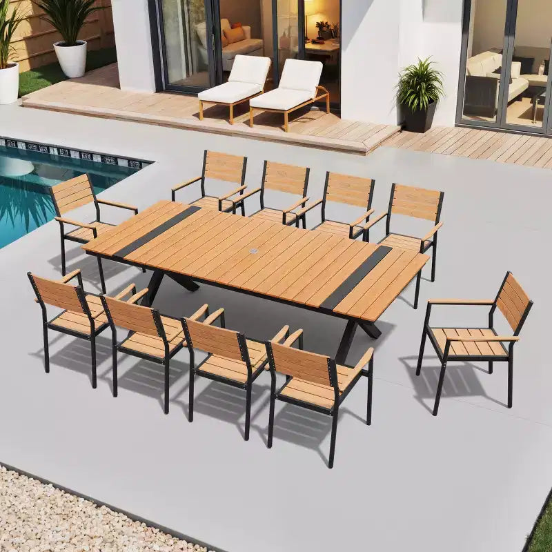 Crestlive Products Outdoor 11pcs Patio Dining Set Stackable Armchairs Wood Like Table With Umbrella Hole For Large Gatherings