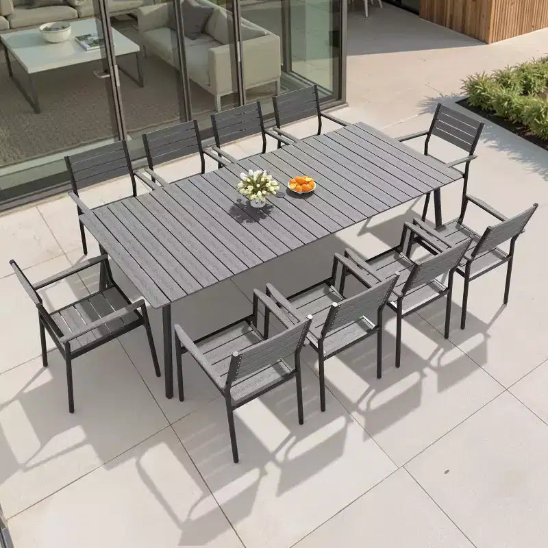 Crestlive Products Outdoor 11pcs Patio Dining Set Stackable Armchairs Wood Like Table With Umbrella Hole For Large Gatherings