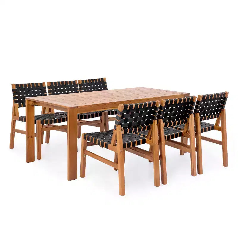 Ensemble de salle à manger d'extérieur moderne 7 pièces en bois d'acacia Ratchanon Christopher Knight Home avec cordes en PE tressées et table à lattes