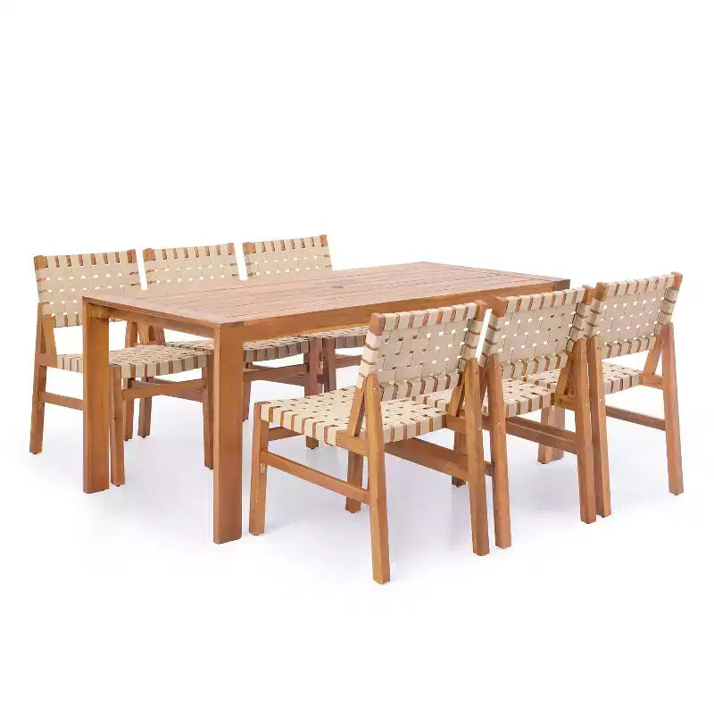 Ensemble de salle à manger d'extérieur moderne 7 pièces en bois d'acacia Ratchanon Christopher Knight Home avec cordes en PE tressées et table à lattes