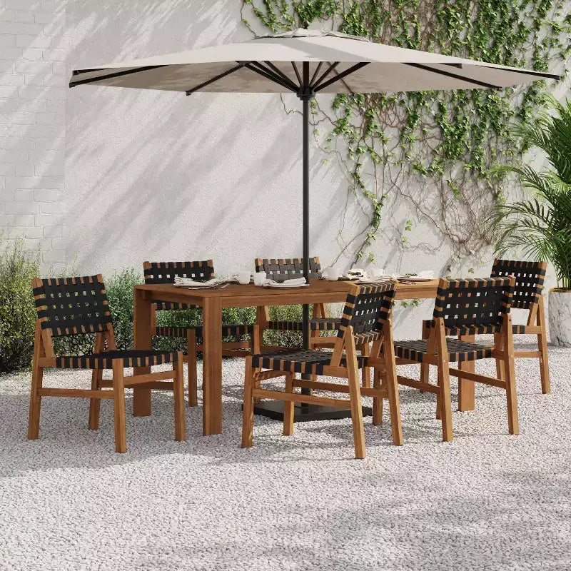 Christopher Knight Home Ratchanon Modern 7 Piece Acacia Wood Patio Dining Set with PE Woven Rope and Slatted Table