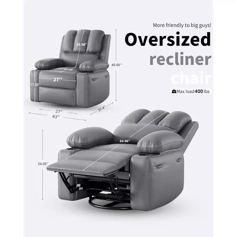 Poltrona Reclinabile Manuale Extra Large in Pelle, Classica con Supporto Lombare e Braccioli, Seduta Home Theater per Soggiorno, Camera da Letto, Cameretta