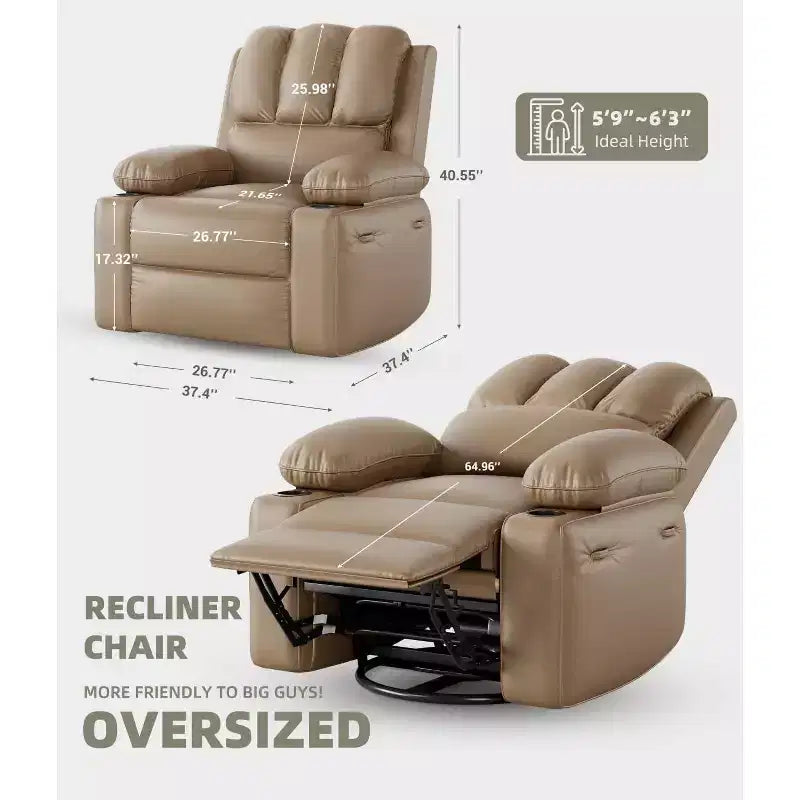 Poltrona Reclinabile Manuale Extra Large in Pelle, Classica con Supporto Lombare e Braccioli, Seduta Home Theater per Soggiorno, Camera da Letto, Cameretta