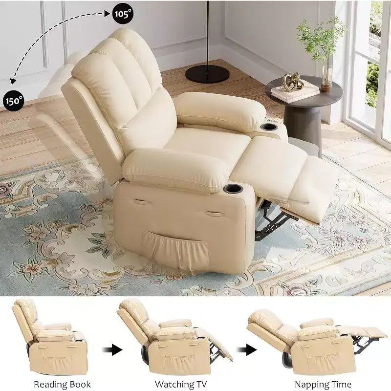 Poltrona Reclinabile Manuale Extra Large in Pelle, Classica con Supporto Lombare e Braccioli, Seduta Home Theater per Soggiorno, Camera da Letto, Cameretta