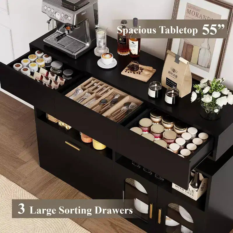 Mobile Bar Caffè, 3 Cassetti, Ripiano Regolabile, per Sala da Pranzo, Soggiorno, Cucina