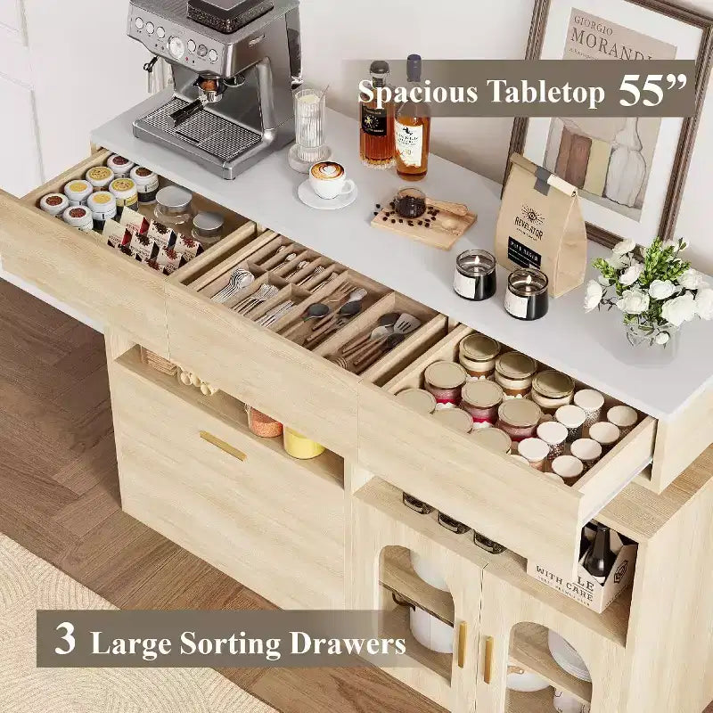 Mobile Bar Caffè, 3 Cassetti, Ripiano Regolabile, per Sala da Pranzo, Soggiorno, Cucina