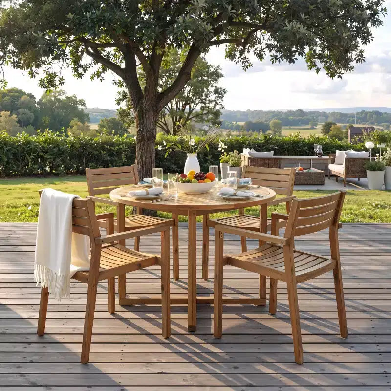 5-Piece Outdoor Acacia Wood Patio Dining Set for 4, Slatted Top Round Table and 4 Chairs, Backyard Furniture for Deck, Poolside-Panipeachy