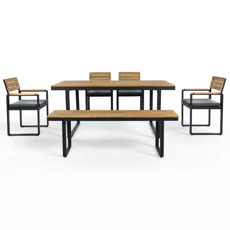 Whisen 6-Piece Outdoor Wood Dining Set for 6-7 Person, Patio Garden Dining Seating Set, 1 Rectangle Table & 1 Bench & 4 Chairs with Cushions