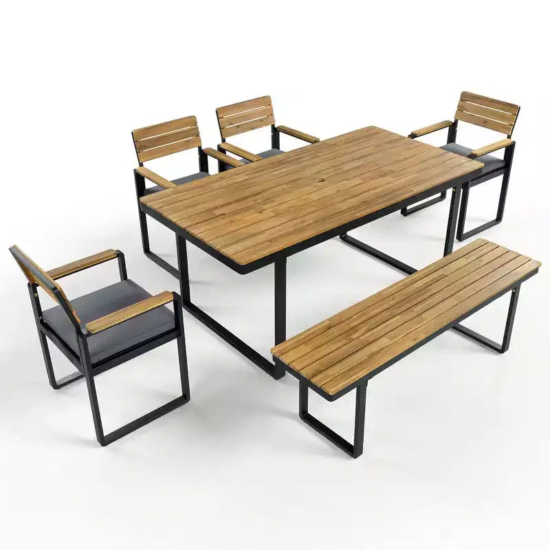 Whisen 6-Piece Outdoor Wood Dining Set for 6-7 Person, Patio Garden Dining Seating Set, 1 Rectangle Table & 1 Bench & 4 Chairs with Cushions