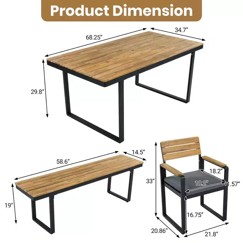 Whisen 6-Piece Outdoor Wood Dining Set for 6-7 Person, Patio Garden Dining Seating Set, 1 Rectangle Table & 1 Bench & 4 Chairs with Cushions