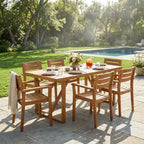 Outdoor Patio Dining Set for 6, Acacia Wood Rectangular Table with 6 Chairs, Modern Backyard Furniture for Garden, Deck & Poolside-Panipeachy