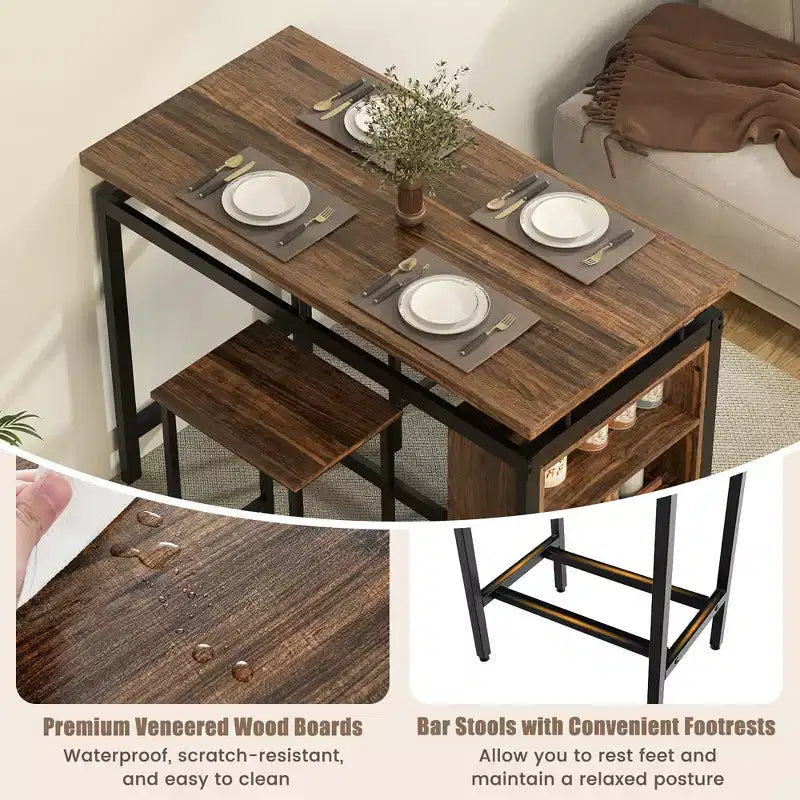 Costway 3-Piece Dining Table Set Bistro Table & 2 Bar Stools w/ 3-Tier Storage Shelf