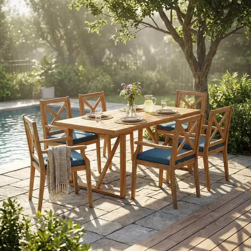 7-Piece Acacia Wood Outdoor Dining Set with 6 Cushioned Chairs, Rectangular Patio Dining Table Set for Backyard, Garden, Deck-Panipeachy