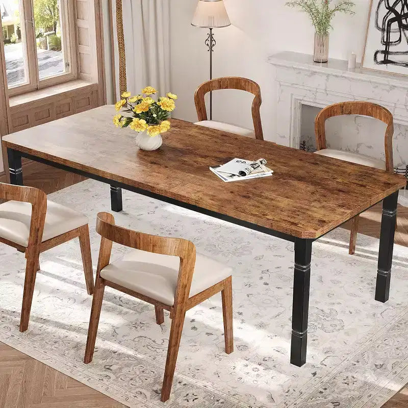 Industrial Long Dining Table for 6-8, Wooden Rectangle Kitchen Table with Heavy Duty Metal Frame Modern Farmhouse Style for Dining Room Kitchen