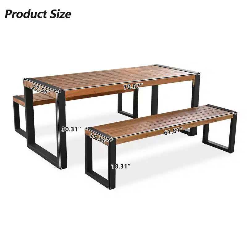 GDFStudio Wesley Patio Acacia Wood and Steel Dining Set with Table and 2 Benches