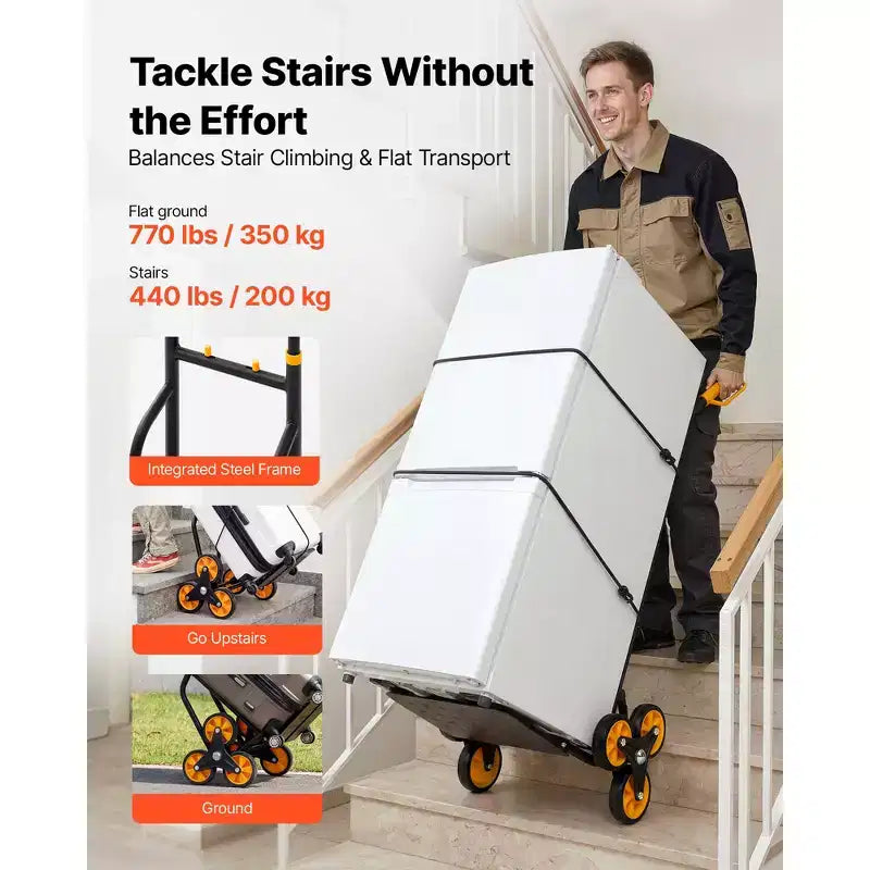 Carrello Saliscale, Capacità di Salita 200 kg, Carrello Pieghevole Rinforzato con Manico Telescopico, Nero+Arancione