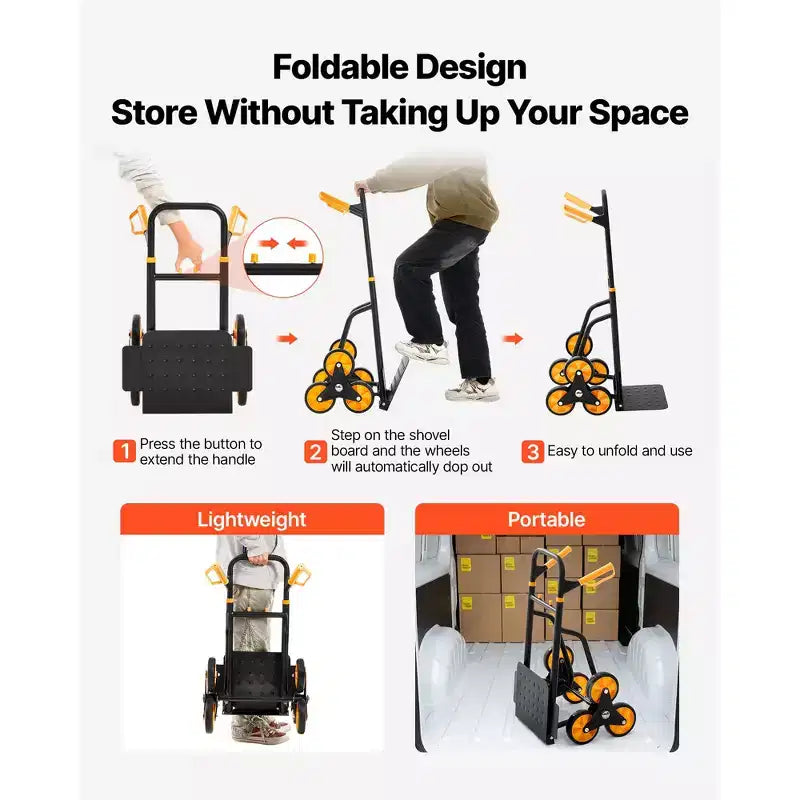 Carrello Saliscale, Capacità di Salita 200 kg, Carrello Pieghevole Rinforzato con Manico Telescopico, Nero+Arancione
