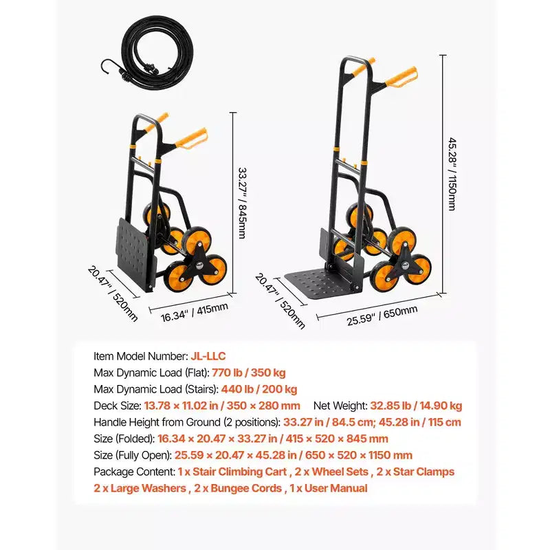 Carrello Saliscale, Capacità di Salita 200 kg, Carrello Pieghevole Rinforzato con Manico Telescopico, Nero+Arancione