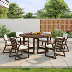 7-Piece Wood Patio Dining Set for 6, Round Table with Umbrella Hole and Cushioned Chairs for Garden or Backyard-Panipeachy