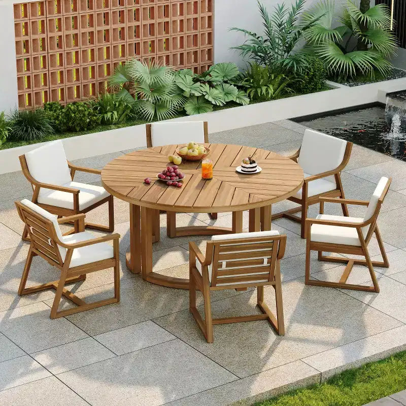 7-Piece Wood Patio Dining Set for 6, Round Table with Umbrella Hole and Cushioned Chairs for Garden or Backyard-Panipeachy
