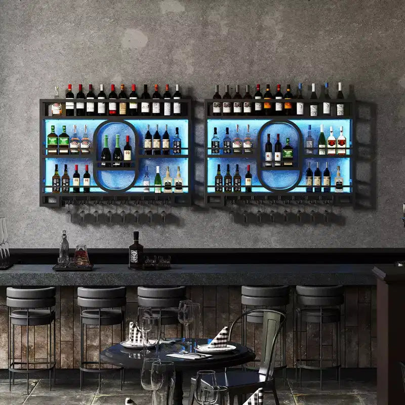 Portabottiglie da parete 39/47", scaffali da bar fluttuanti in metallo con portabicchieri da vino, scaffale industriale per liquori per bar di casa, cucina, sala da pranzo