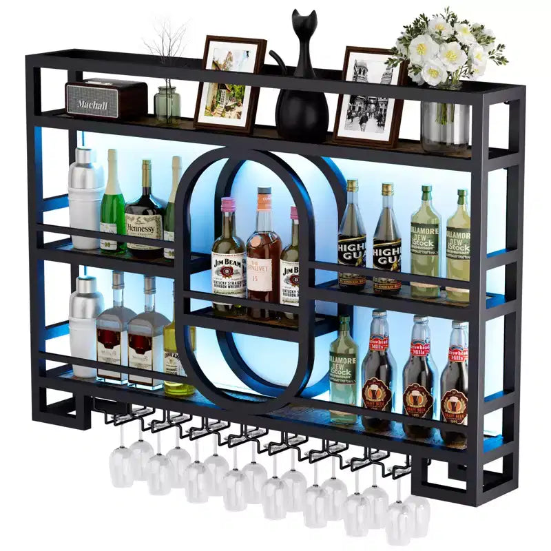 Portabottiglie da parete 39/47", scaffali da bar fluttuanti in metallo con portabicchieri da vino, scaffale industriale per liquori per bar di casa, cucina, sala da pranzo