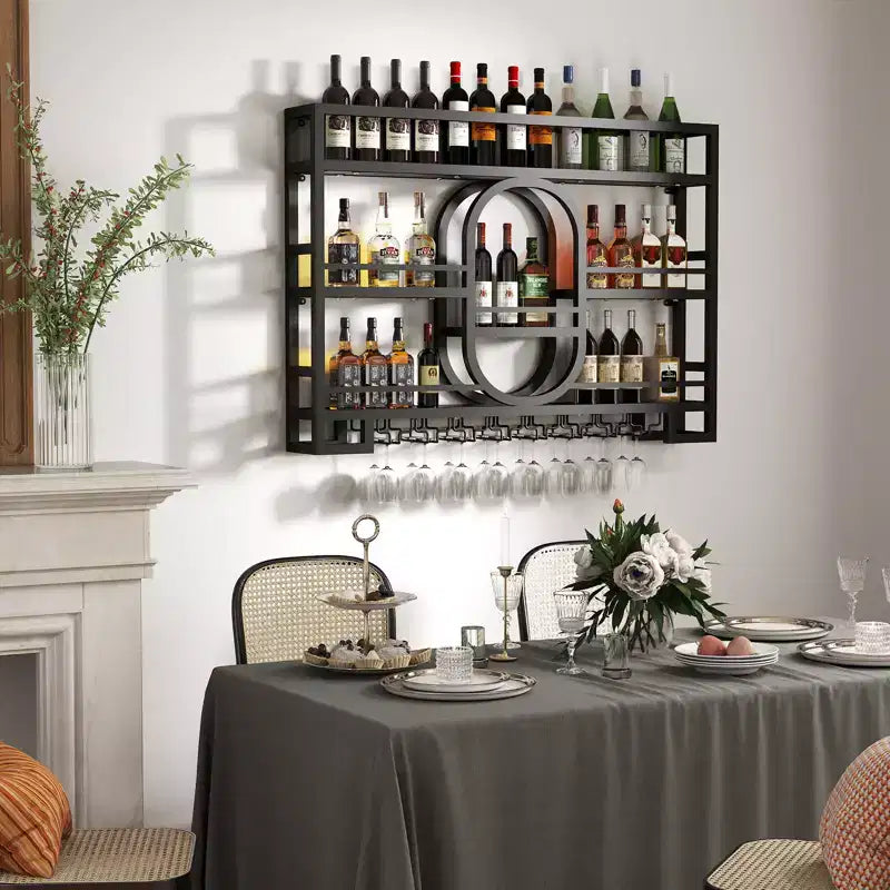 Portabottiglie da parete 39/47", scaffali da bar fluttuanti in metallo con portabicchieri da vino, scaffale industriale per liquori per bar di casa, cucina, sala da pranzo