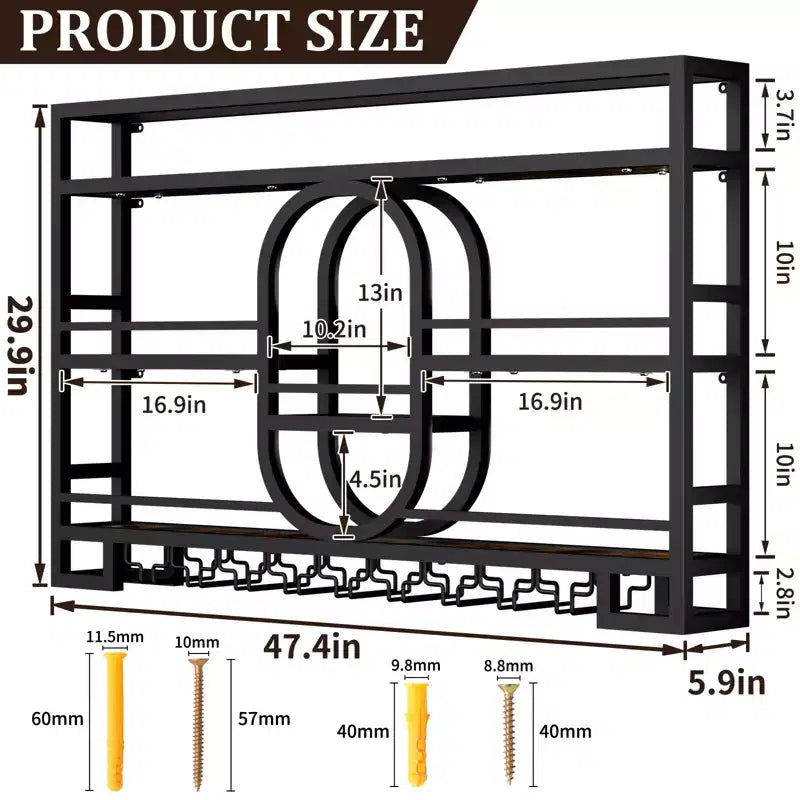 Portabottiglie da parete 39/47", scaffali da bar fluttuanti in metallo con portabicchieri da vino, scaffale industriale per liquori per bar di casa, cucina, sala da pranzo