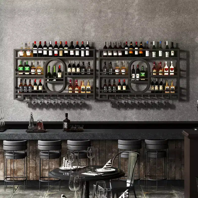 Portabottiglie da parete 39/47", scaffali da bar fluttuanti in metallo con portabicchieri da vino, scaffale industriale per liquori per bar di casa, cucina, sala da pranzo