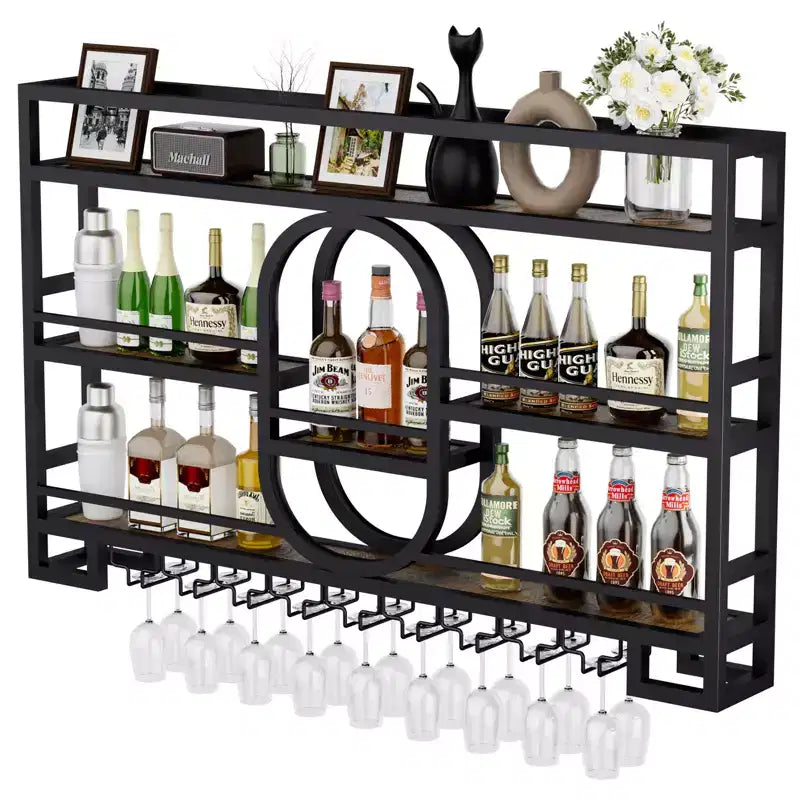 Portabottiglie da parete 39/47", scaffali da bar fluttuanti in metallo con portabicchieri da vino, scaffale industriale per liquori per bar di casa, cucina, sala da pranzo