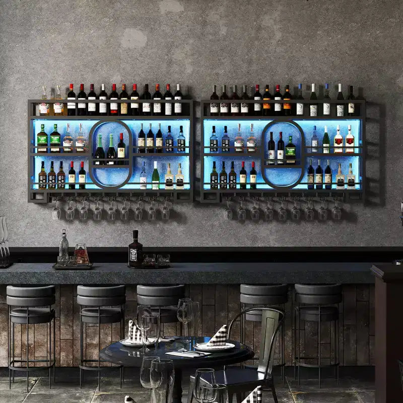 Portabottiglie da parete 39/47", scaffali da bar fluttuanti in metallo con portabicchieri da vino, scaffale industriale per liquori per bar di casa, cucina, sala da pranzo