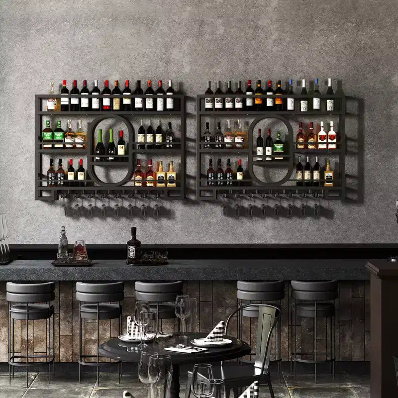Portabottiglie da parete 39/47", scaffali da bar fluttuanti in metallo con portabicchieri da vino, scaffale industriale per liquori per bar di casa, cucina, sala da pranzo