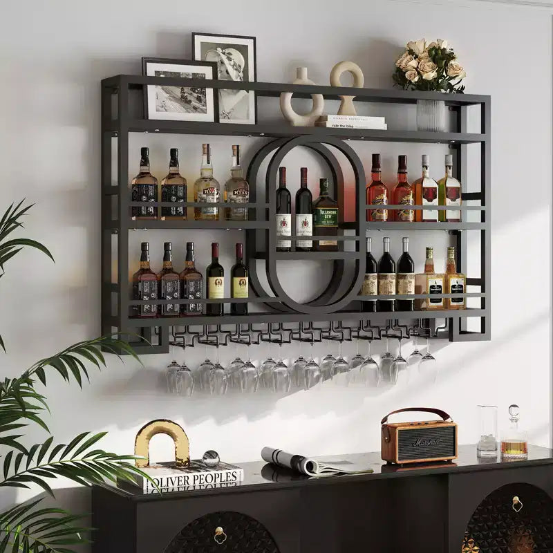 Portabottiglie da parete 39/47", scaffali da bar fluttuanti in metallo con portabicchieri da vino, scaffale industriale per liquori per bar di casa, cucina, sala da pranzo