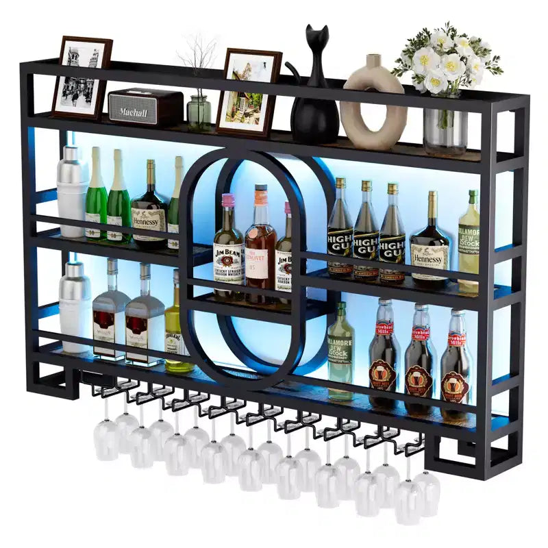Portabottiglie da parete 39/47", scaffali da bar fluttuanti in metallo con portabicchieri da vino, scaffale industriale per liquori per bar di casa, cucina, sala da pranzo