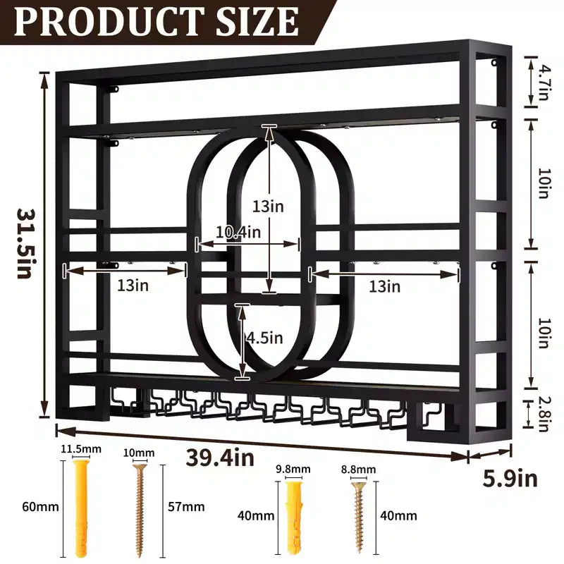 Portabottiglie da parete 39/47", scaffali da bar fluttuanti in metallo con portabicchieri da vino, scaffale industriale per liquori per bar di casa, cucina, sala da pranzo